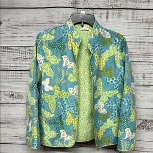Alfred Dunner Quilted Butterfly Open Jacket Large Green Blue